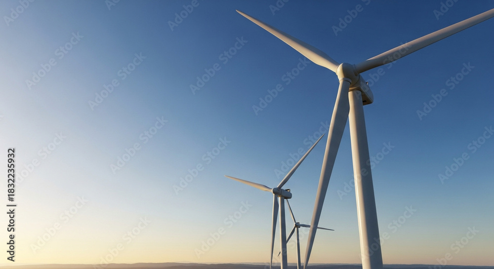 Fototapeta premium Wind turbines against clear blue sky during sunset 