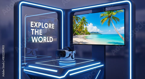 Virtual reality setup with headset and beach scenery display  