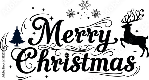 elegant merry christmas greeting with reindeer silhouette, snowflakes and festive decorative typography