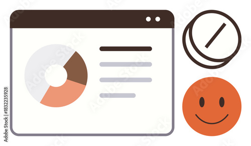 Web interface with pie chart, text metrics, clock, and happy face. Ideal for data analytics, productivity, feedback, progress tracking time management simplicity modern design. Minimalistic flat