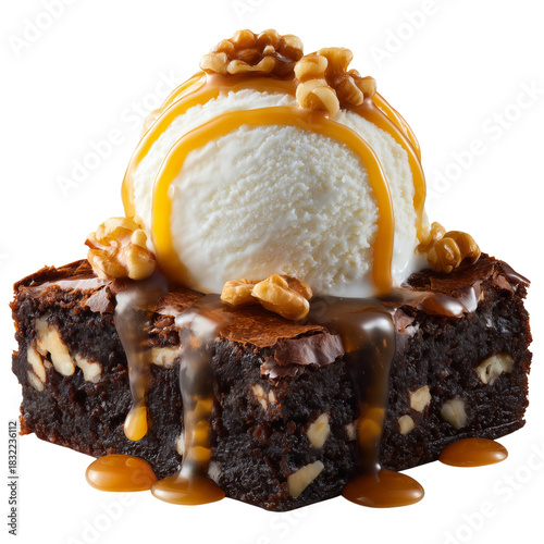 Delicious Brownie Dessert Topped With Ice Cream and Caramel Sauce Served With...