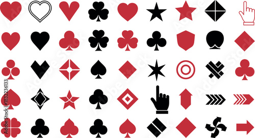 Variety of gambling and game symbols in red and black