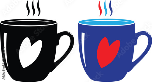 Two steaming mugs with heart shapes for a love themed coffee break