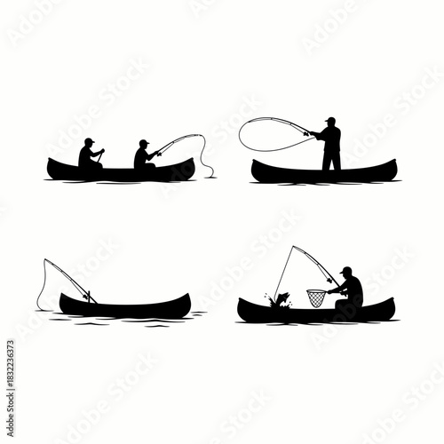 Silhouette vector set of fishermen in canoes engaging in various fishing activities on water, including casting, paddling, and catching fish with a net.
