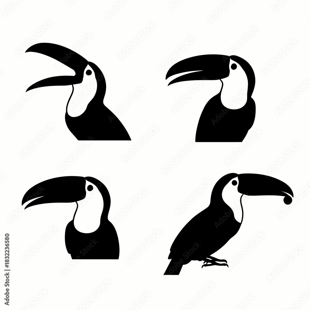 Fototapeta premium Black and white toucan bird silhouettes set, tropical jungle animal vector illustrations for nature and wildlife designs.