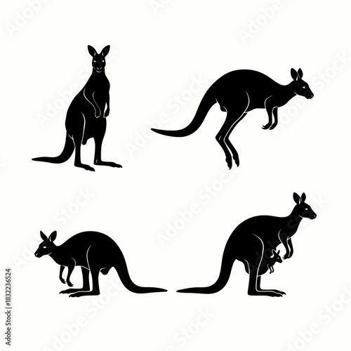 Kangaroo silhouettes set depicting various poses including a mother with joey, jumping, standing, and resting.