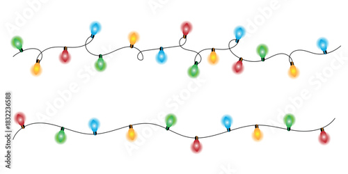 Realistic glowing colorful hanging christmas lights in wire  in various color lights for christmas festival and holiday celebrations.