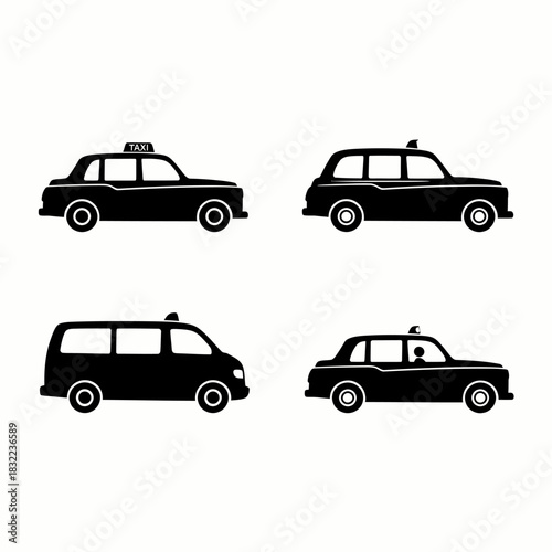 Black taxi and public transportation vehicle silhouettes on white background, representing urban travel and city life.