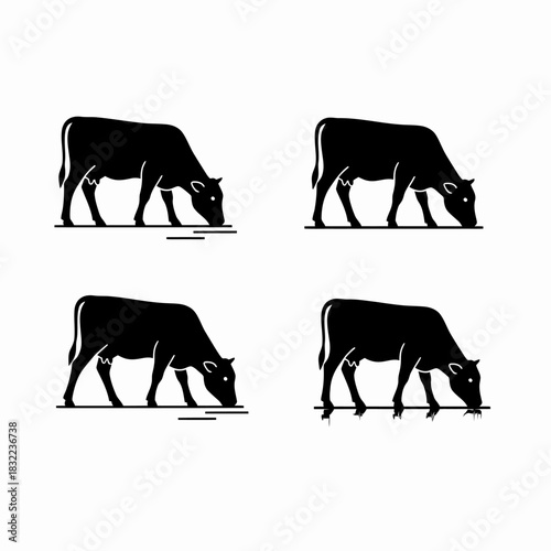 Four black silhouette cows grazing on a white background, minimalist farm animal vector illustration.