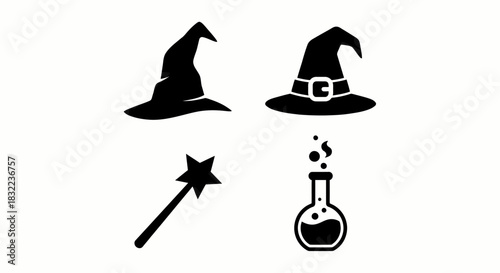 Magic and witchcraft icon set with witch hats, magic wand, and bubbling potion bottle silhouettes.