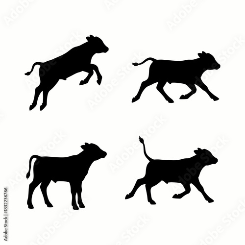 Black calf silhouettes in various dynamic poses on white background