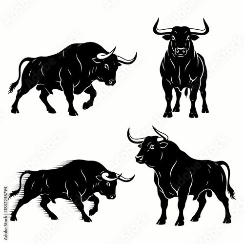 Collection of powerful black bull silhouettes in dynamic poses, symbolizing strength, finance, and determination.