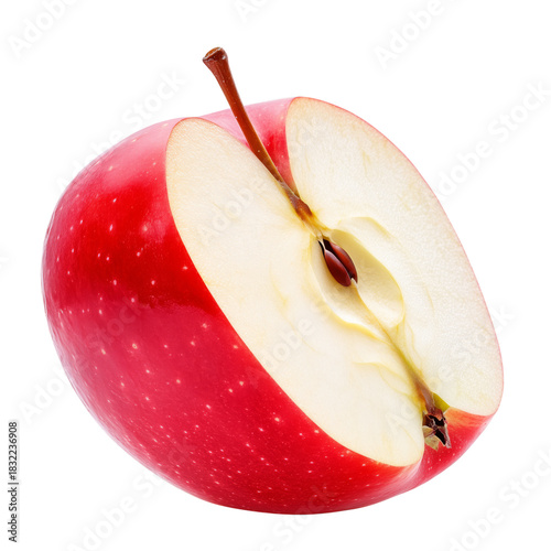 Freshly Cut Red Apple Showing Juicy Interior and Core on White Background