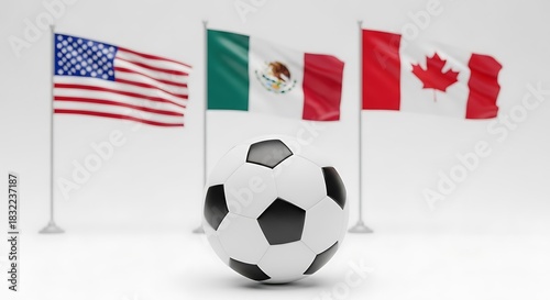 Soccer ball in front of usa mexico and canada flags on a white surface
