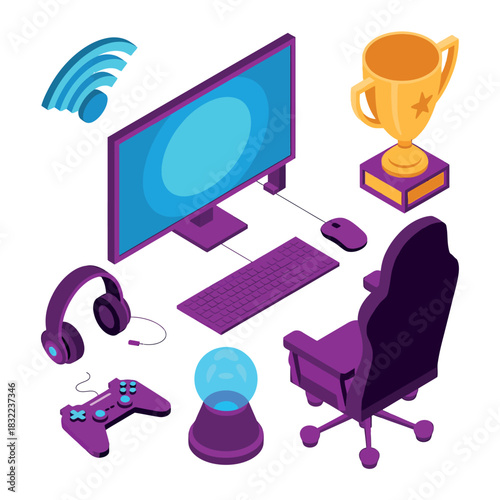 This illustration depicts a gaming setup with a computer, headphones, controller, and trophy.