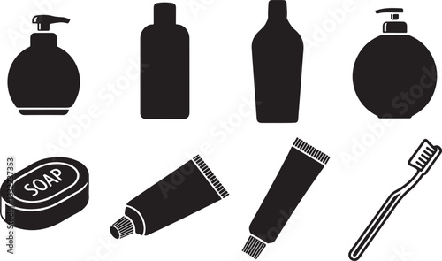 Collection of Black and White Icons for Personal Hygiene and Bathroom Products