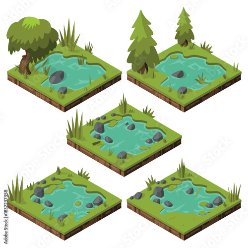 Isometric views of small ponds with trees and rocks on grassy islands.
