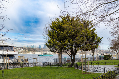 Fotografía A cypress tree and green lawn in a Üsküdar waterfront park, with the Bosphorus, ships, and European shore under hazy skies with blue gaps