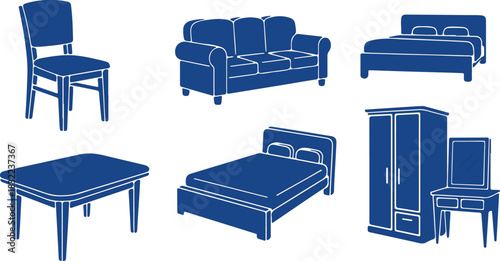 Collection of Blue Furniture Icons: Sofa, Beds, Table, Chair, Wardrobe, Vanity