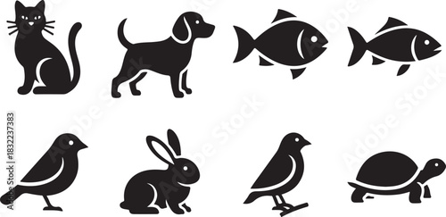 Collection of Black Animal Silhouettes: Cat, Dog, Fish, Birds, Rabbit, Turtle
