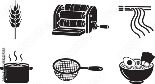 Collection of Icons Representing Noodle Making and Preparation Processes