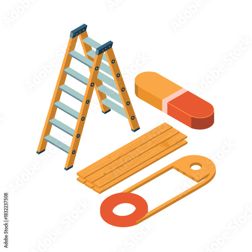 A collection of isometric tools and supplies including a ladder, wooden planks, a large safety pin, and an eraser.