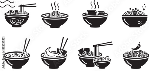 Collection of stylized black and white icons of various noodle bowls