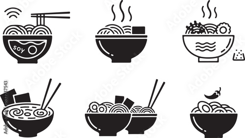 Collection of stylized black and white icons representing bowls of ramen noodles