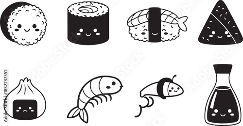 Cute Kawaii Sushi and Food Illustrations with Happy Faces