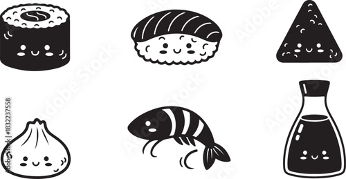 Cute Kawaii Sushi, Dumpling, Shrimp, and Soy Sauce Icons