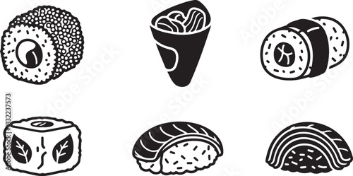 Diverse Sushi Icons: Maki, Temaki, Nigiri, and Square Rolls