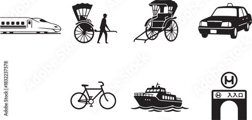 Diverse Transportation Icons: Bullet Train, Rickshaws, Taxi, Bicycle, Ferry, Subway Entrance