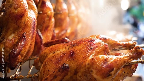 Vídeo 4k close up of roasted chickens cooking on a rotisserie with crispy brown skin