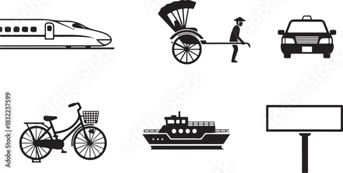 Diverse Transportation Icons: Train, Rickshaw, Taxi, Bicycle, Ferry, and Billboard