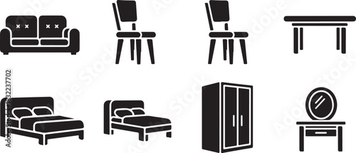 Collection of Black and White Furniture Icons: Sofa, Chairs, Bed, Table, Wardrobe, Mirror