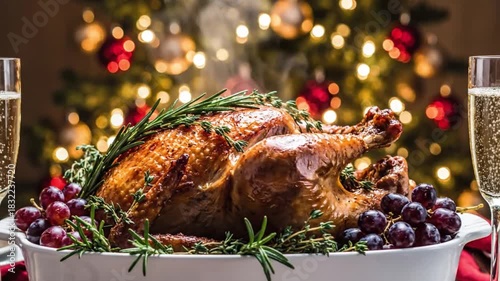 Vídeo 4k festive christmas dinner with roasted turkey and champagne glasses on table