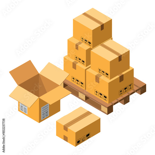 A stack of cardboard boxes is ready for shipping on a wooden pallet.