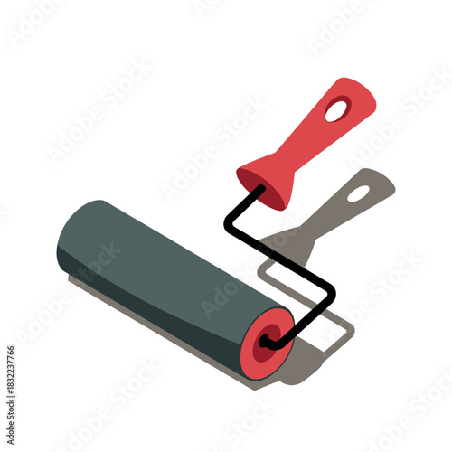 A red and gray paint roller tool casts a shadow on a white background.