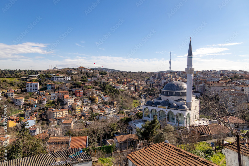 Obraz premium Rooftop view of Çamlıca hills with Haci Mehmet Mosque in foreground, showcasing minarets, houses, and the iconic television tower under a sunny blue sky. Istanbul, Turkey.