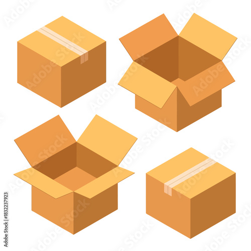 Four isometric cardboard boxes are displayed, some closed and some open.