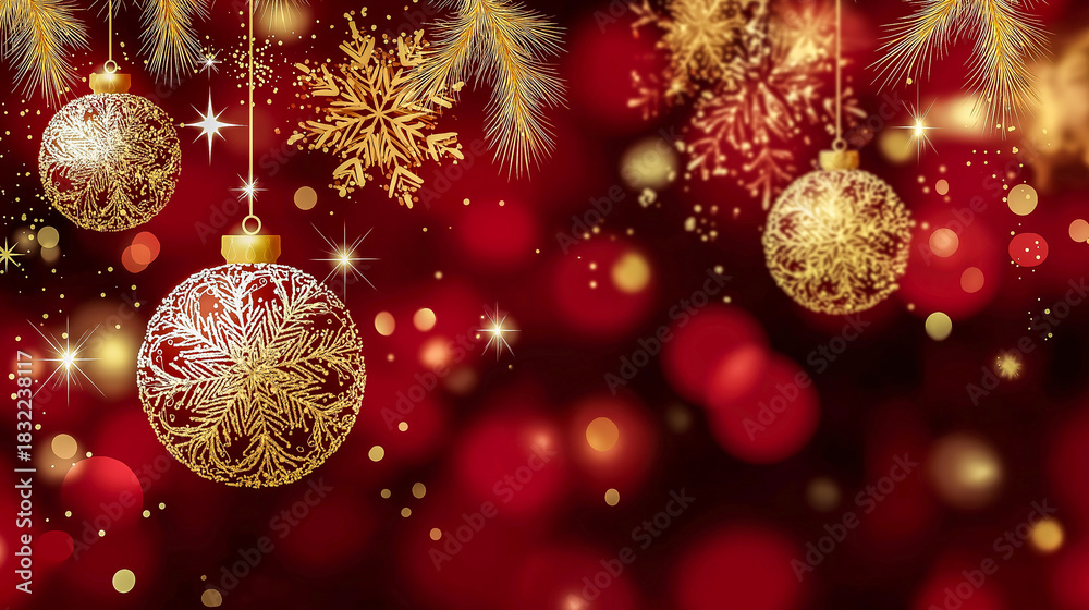 Fototapeta premium Festive holiday background featuring red and gold ornaments, sparkling snowflakes, and shimmering stars, creating a joyful atmosphere for seasonal celebrations and decorations