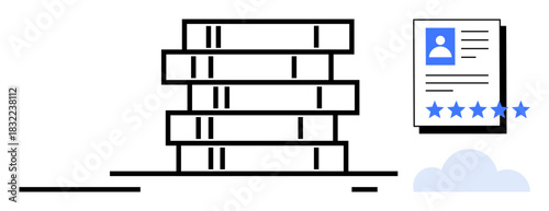 Data server stack alongside a user profile document with a four-star rating and cloud storage element. Ideal for data management, cloud computing, user reviews, technology, server infrastructure
