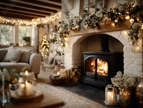 cozy, dimly lit living room with a stone fireplace burning brightly. Decorations include twinkling lights, garlands, and candles, creating a warm and festive atmosphere.