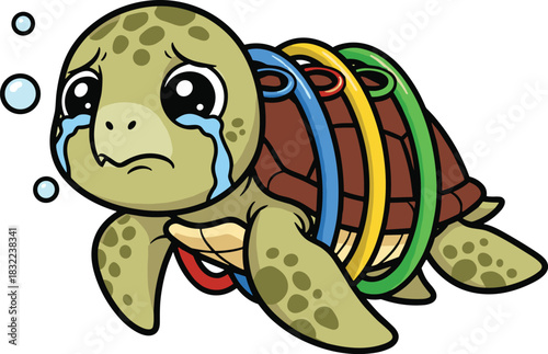 Sad crying sea turtle trapped in plastic rings underwater illustrating marine pollution, wildlife danger, ocean contamination, environmental crisis, and plastic waste problem