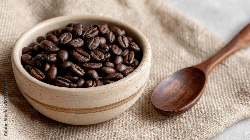 Fototapeta premium Coffee beans in a bowl with a wooden spoon on burlap fabric.