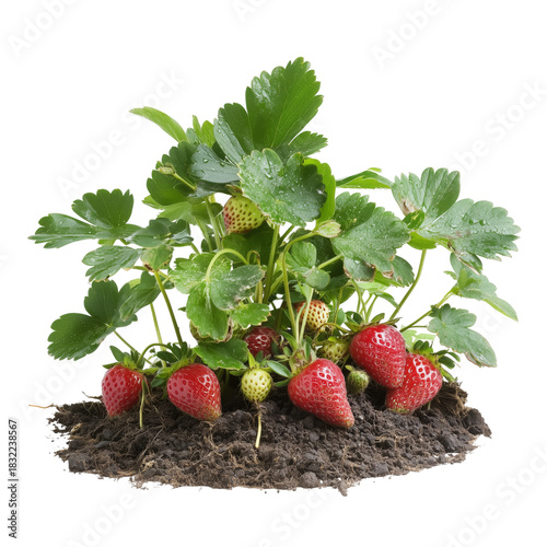 Freshly Harvested Strawberry Plant With Ripe Berries and Green Leaves