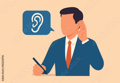 Active listening, communication skill to process information for job effectiveness, engage or aware on discussion or conversation concept, smart businessman listen to information to understand idea