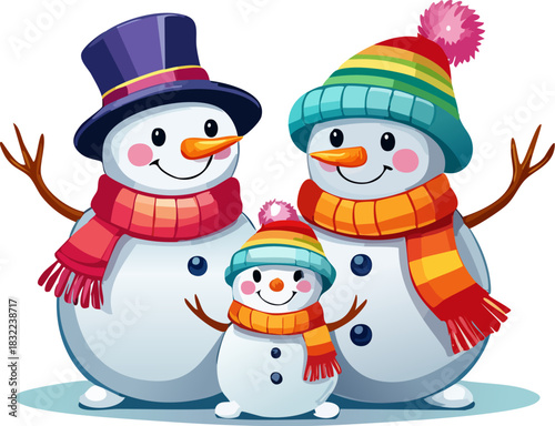 Cute Colorful Snowman Family Wearing Hats and Scarves,
Joyful Winter Snowman Family Illustration,
Adorable Snowman Family in Festive Winter Outfits,
Bright Cartoon Snowmen with Hats and Scarves