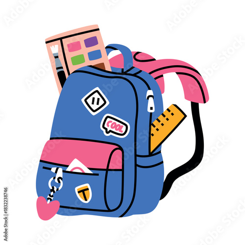 School Backpack with Stationery and Supplies Vector Illustration