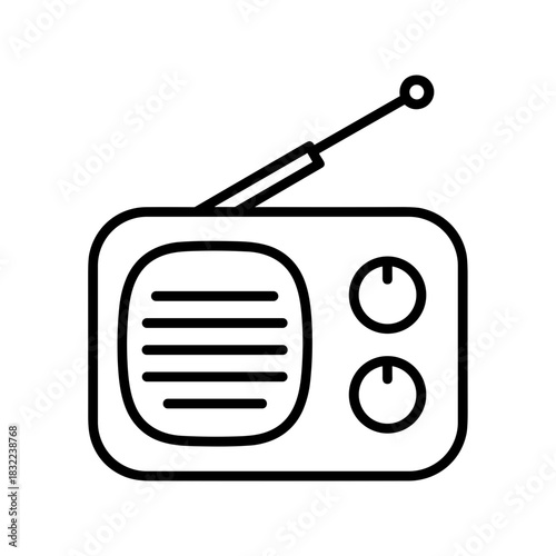 Minimalist line art of a small radio outline with one antenna and rounded knobs for a friendly and nostalgic vibe
